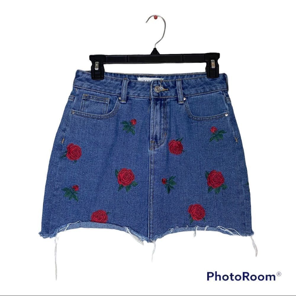 Pacsun Rose Embroidered Jean Cutoff Skirt